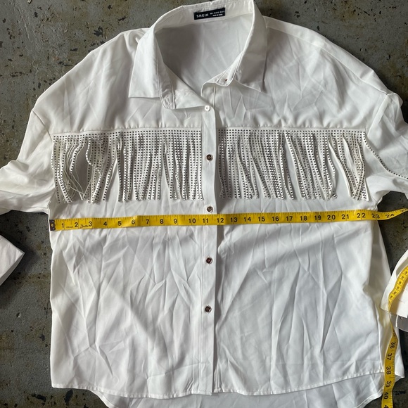 SHEIN Fringe and Rhinestone Long Sleeve Button Down White Top Size Large - Picture 6 of 10